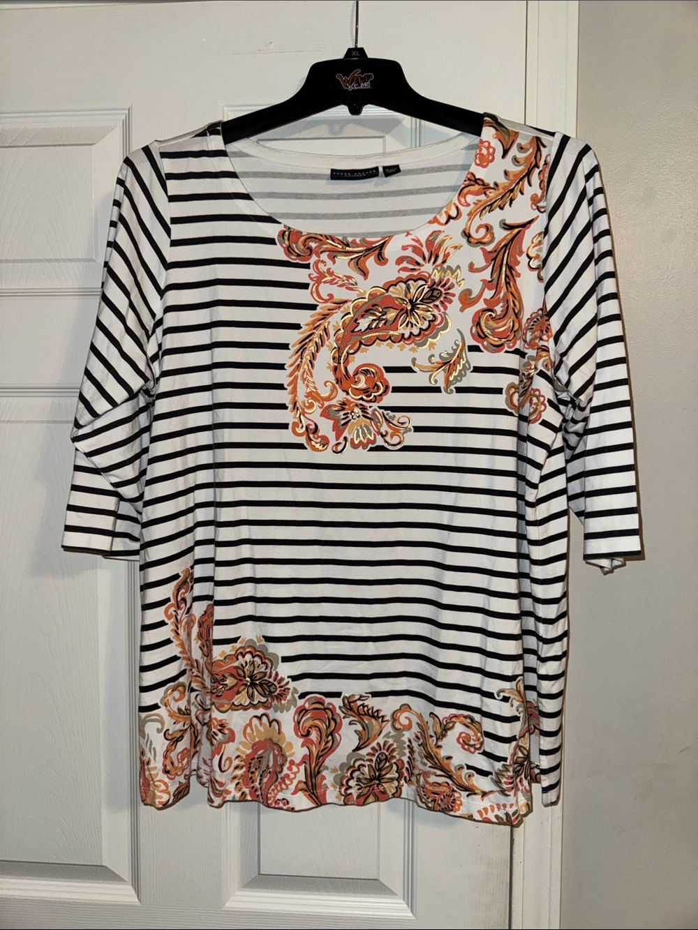 Susan Graver Black and White Striped Long Sleeve Top with Orange Paisley Detail